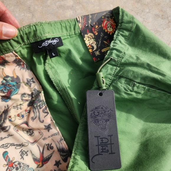 NWT Ed Hardy Cotton Peacock Poplin Wide Leg Army Green Cargo Pant Women's L - Picture 10 of 10